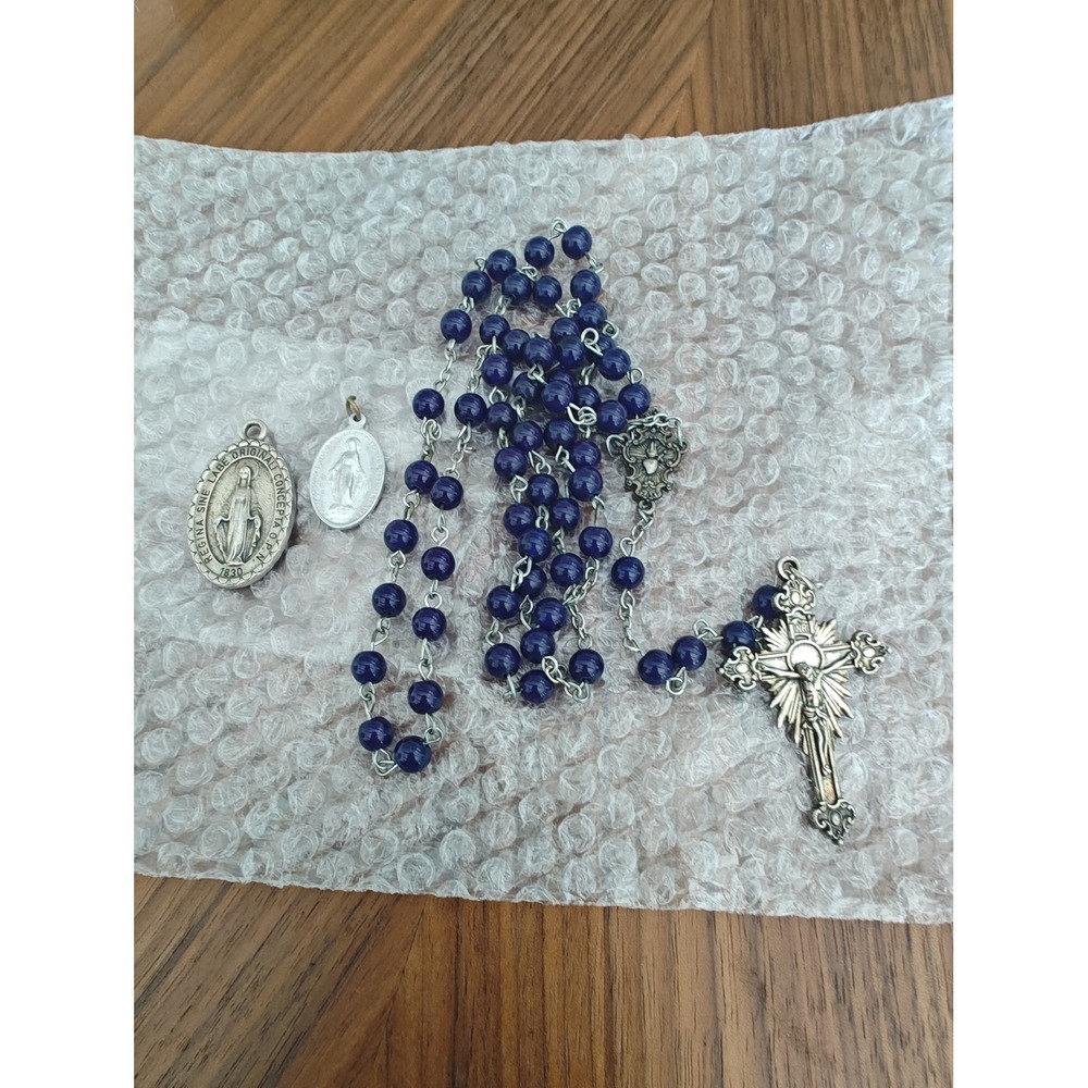 Rosary Blue Glass Beads Fatima 100th Anniversary & 2 Miraculous Medals Italy